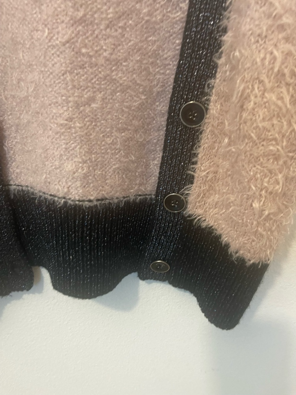 Decree Fuzzy Short-Sleeve Cardigan in Taupe with Black Trim - Picture 6 of 6